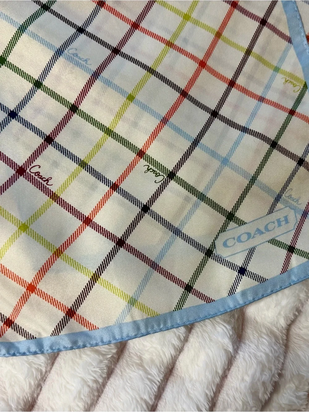 Vintage Coach Women's Tattersall Scarf, Pastel blue Trim, 100% Silk, Oblong ~Y2K